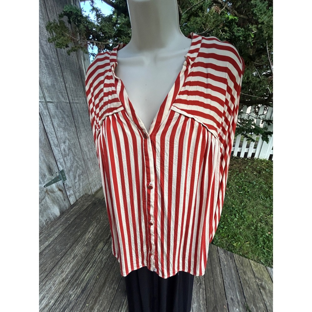 Cache Coeur Maternity Nursing Blouse M Rust Cream Striped Button Front French